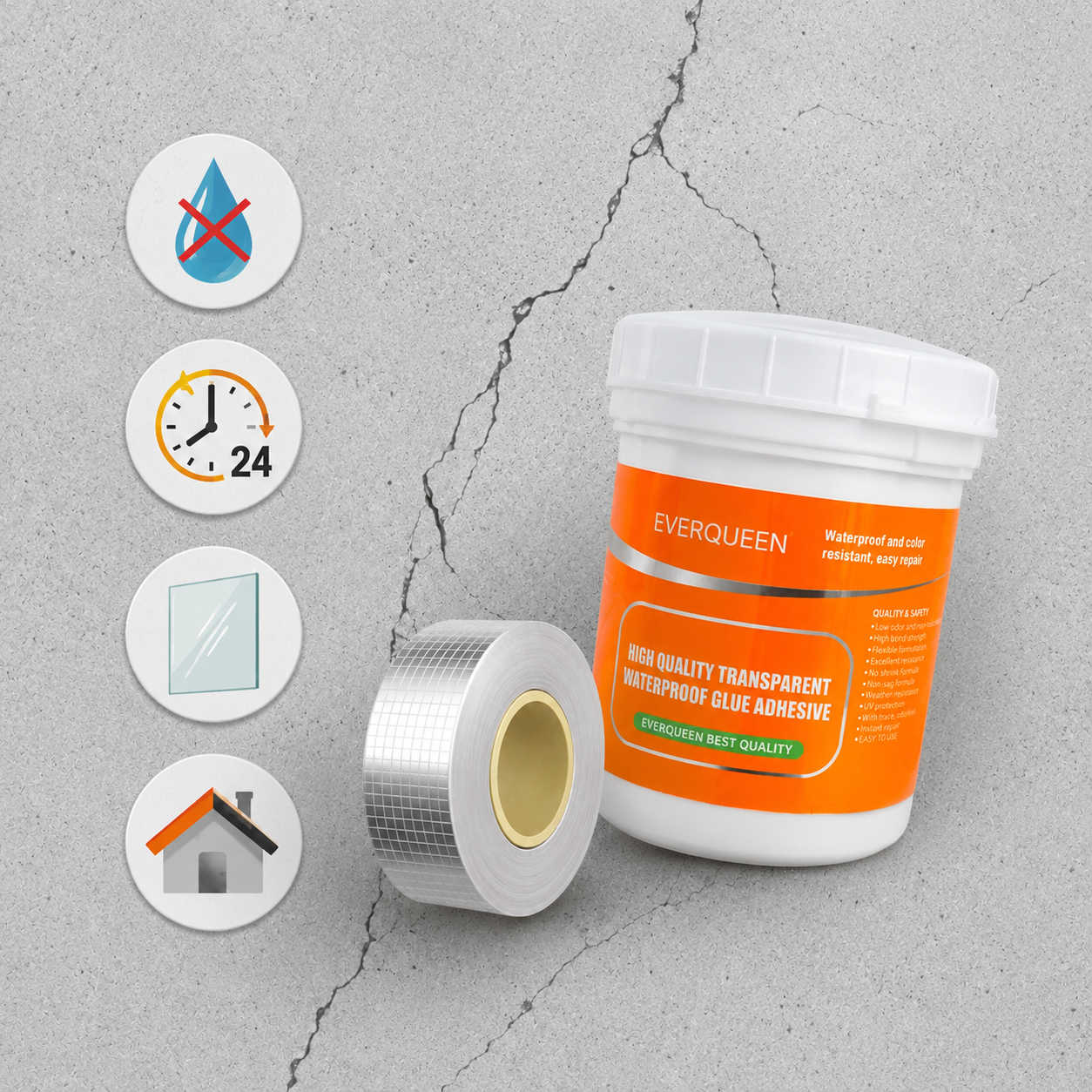 SealShield Pro™ — Sellador Impermeabilizante Transparente 300g + Cinta Reforzada 5x5 | Protección Total Contra Filtraciones