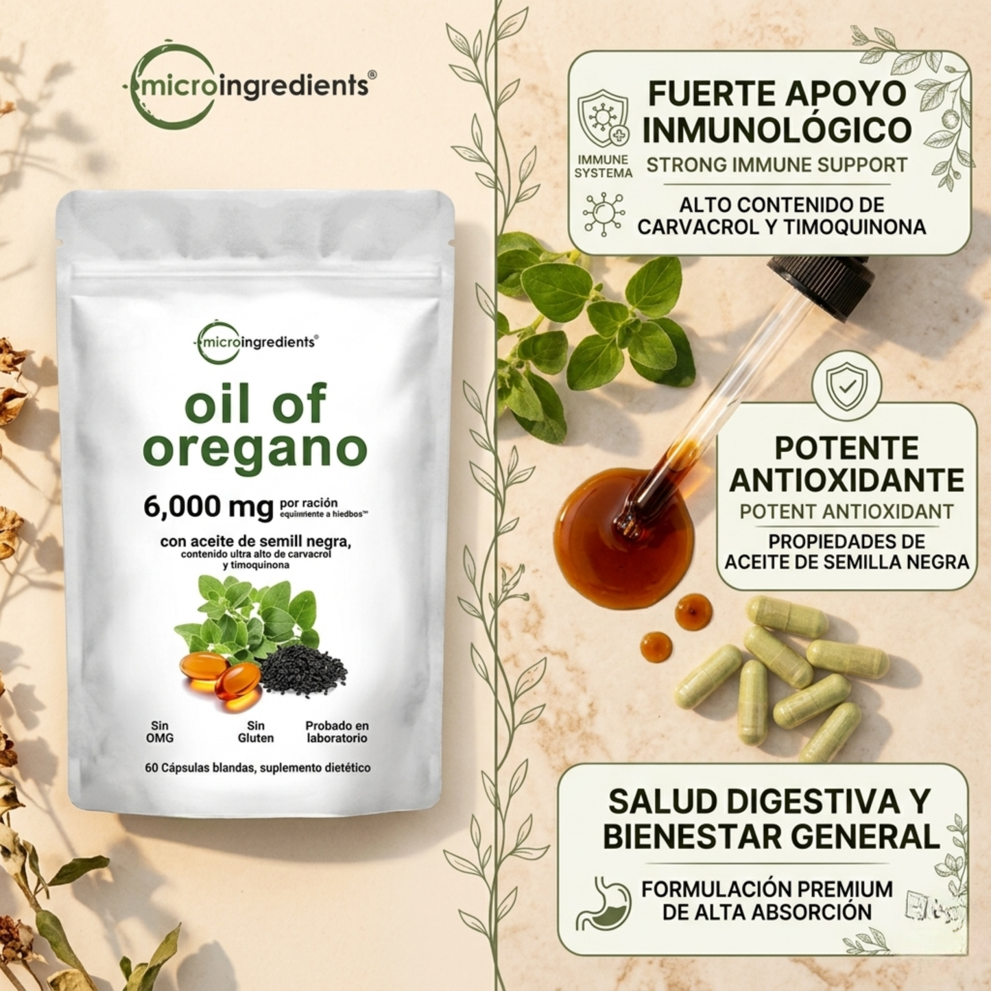 OregaShield™ – Defensa Natural Ultra Potente 6000mg | Carvacrol + Semilla Negra + Timoquinona | Sin Gluten | Sin OMG | 60 Cápsulas